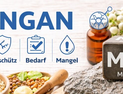 Mangan Infografik mit Lebensmitteln, Enzymfunktionen und Spurenelement Mn (Periodensystem)