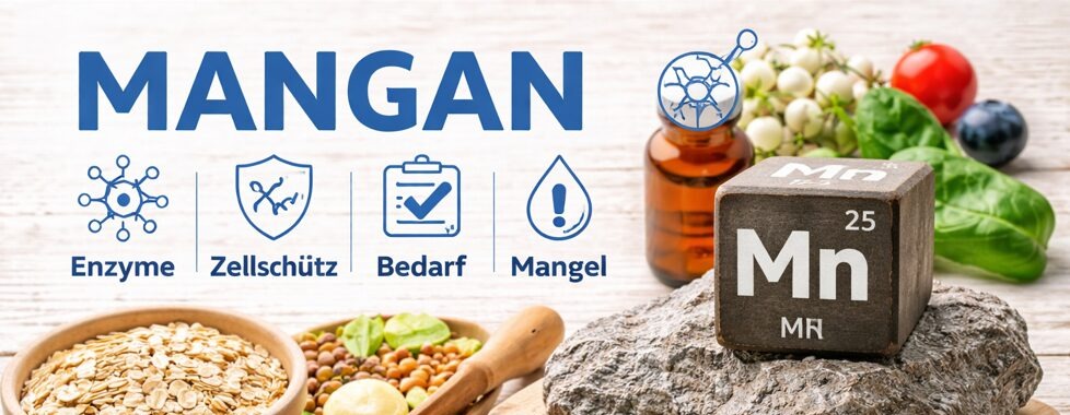 Mangan im Körper: Funktionen, Bedarf und Mangel 1 Mangan Infografik mit Lebensmitteln, Enzymfunktionen und Spurenelement Mn (Periodensystem)
