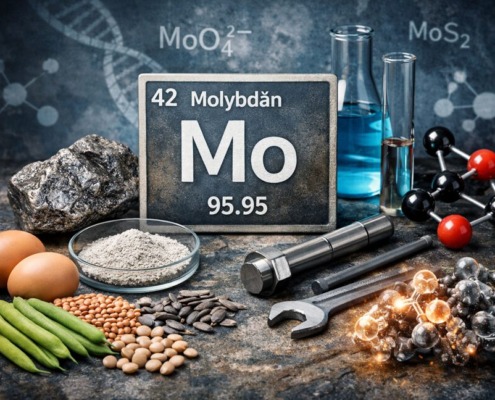 Molybdän Spurenelement (Mo) mit Lebensmitteln, Mineral und Laborelementen zur Veranschaulichung von Wirkung und Stoffwechsel