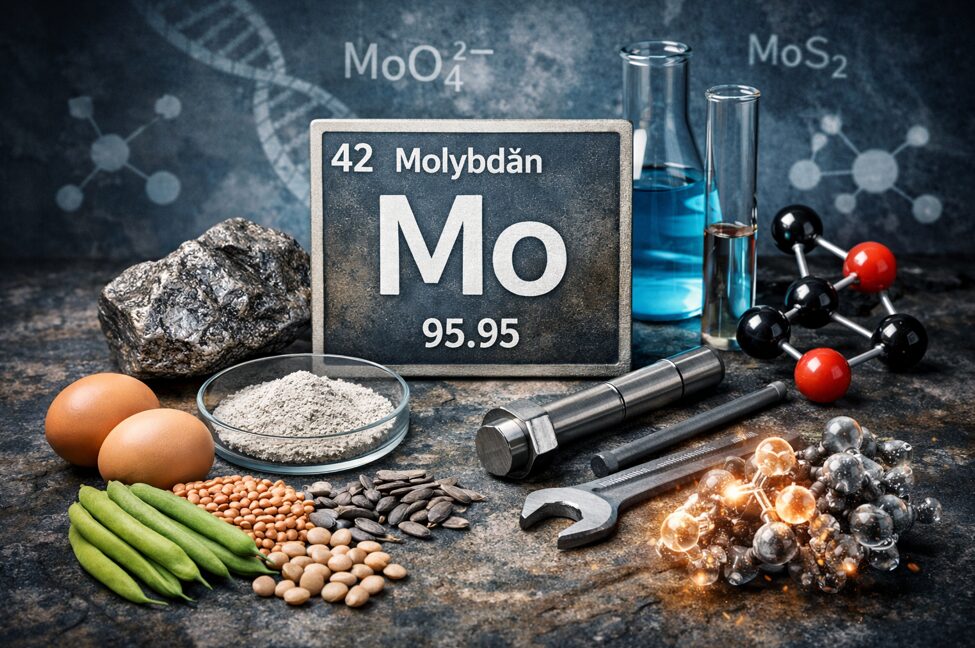 Molybdän im Körper: Funktionen und Bedeutung 1 Molybdän Spurenelement (Mo) mit Lebensmitteln, Mineral und Laborelementen zur Veranschaulichung von Wirkung und Stoffwechsel