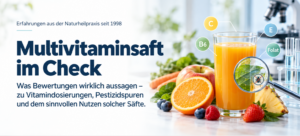 Startseite 7 Glas Multivitaminsaft mit verschiedenen Früchten, Vitaminangaben und einer Lupe zur Darstellung der Untersuchung auf Pestizidrückstände.