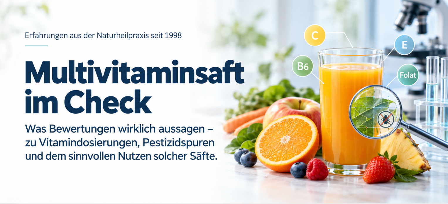 Glas Multivitaminsaft mit verschiedenen Früchten, Vitaminangaben und einer Lupe zur Darstellung der Untersuchung auf Pestizidrückstände.