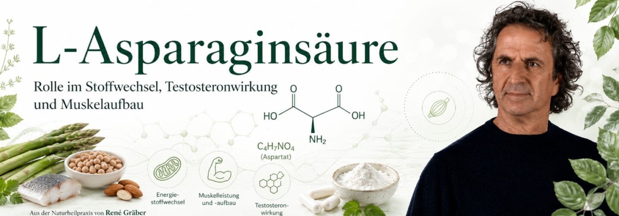 Asparaginsäure und Asparagin: Stoffwechsel, Acrylamid und die Krebsdebatte 1 René Gräber mit L-Asparaginsäure, Spargel und Strukturformel zu Stoffwechsel, Muskelaufbau und Testosteron