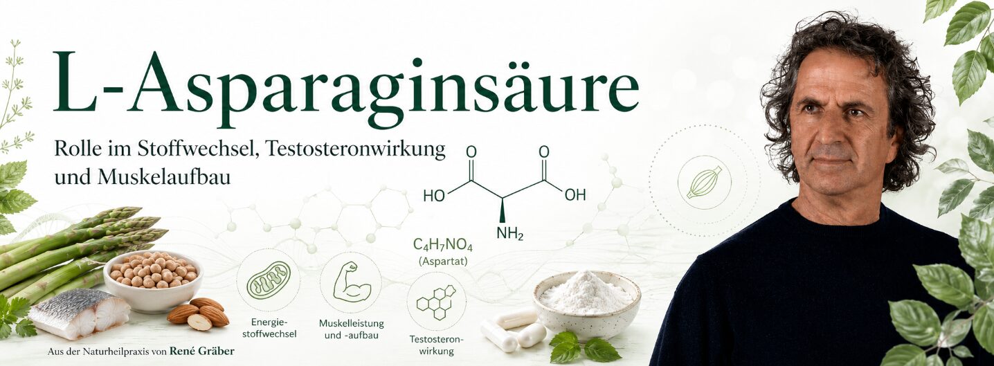 Asparaginsäure und Asparagin: Stoffwechsel, Acrylamid und die Krebsdebatte 6 René Gräber mit L-Asparaginsäure, Spargel und Strukturformel zu Stoffwechsel, Muskelaufbau und Testosteron