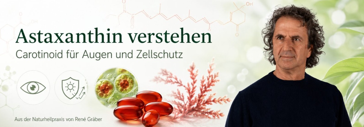 Astaxanthin: Wirkung, Dosierung und was wirklich belegt ist 1 Astaxanthin-Header mit René Gräber, roten Softgels, Algenmotiv, Auge und Zellschutz-Symbolik