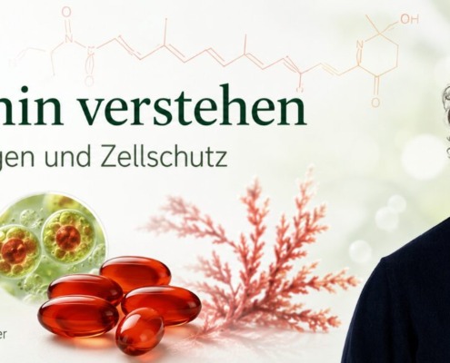 Astaxanthin: Wirkung, Dosierung und was wirklich belegt ist 3 Astaxanthin-Header mit René Gräber, roten Softgels, Algenmotiv, Auge und Zellschutz-Symbolik