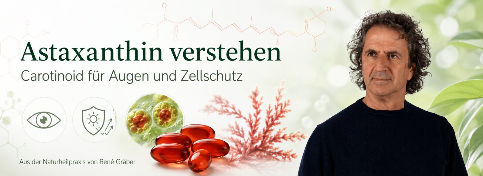 Astaxanthin: Wirkung, Dosierung und was wirklich belegt ist 1 Astaxanthin-Header mit René Gräber, roten Softgels, Algenmotiv, Auge und Zellschutz-Symbolik