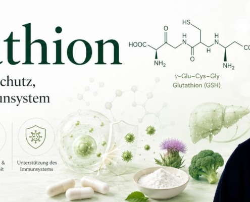 Glutathion: Zellschutz, Entgiftung und was die Studien wirklich zeigen 8 René Gräber mit Glutathion-Formel, Zellschutz- und Lebermotiven vor grünem Gesundheitsdesign