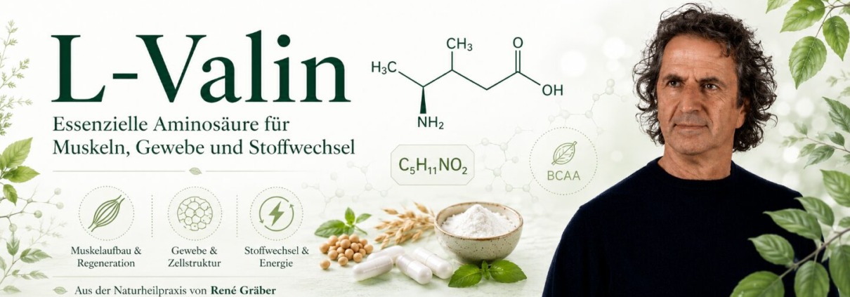 L Valin: essenzielle Aminosäure für Muskeln, Energie und Regeneration 1 René Gräber mit L-Valin, BCAA-Symbol und Aminosäure-Grafik für Muskeln, Gewebe und Stoffwechsel