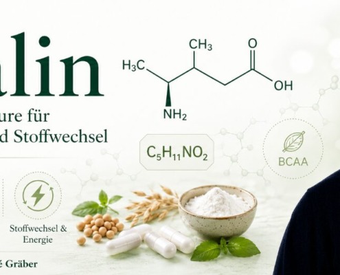 L Valin: essenzielle Aminosäure für Muskeln, Energie und Regeneration 10 René Gräber mit L-Valin, BCAA-Symbol und Aminosäure-Grafik für Muskeln, Gewebe und Stoffwechsel