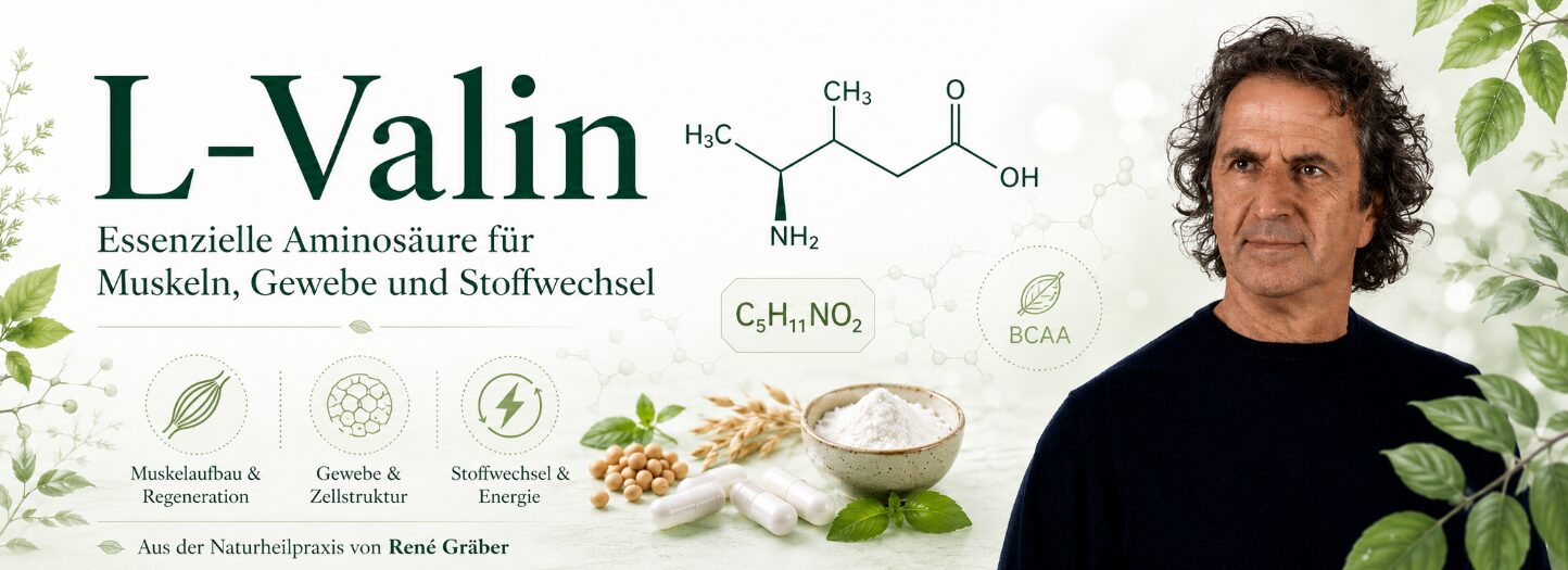 L Valin: essenzielle Aminosäure für Muskeln, Energie und Regeneration 1 René Gräber mit L-Valin, BCAA-Symbol und Aminosäure-Grafik für Muskeln, Gewebe und Stoffwechsel