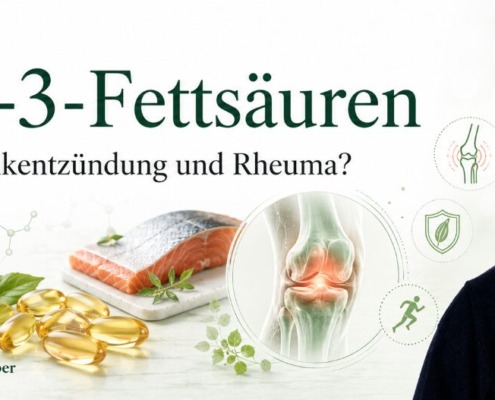 Omega-3-Fettsäuren bei Arthritis, Gelenkentzündung und Gelenkrheuma 6 René Gräber mit Omega-3-Kapseln, Lachs und Gelenk-Grafik zu Arthritis und Rheuma