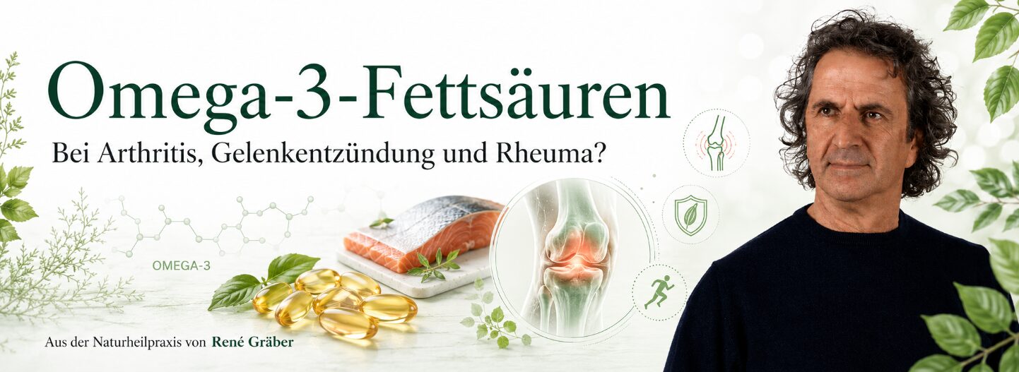 Omega-3-Fettsäuren bei Arthritis, Gelenkentzündung und Gelenkrheuma 1 René Gräber mit Omega-3-Kapseln, Lachs und Gelenk-Grafik zu Arthritis und Rheuma
