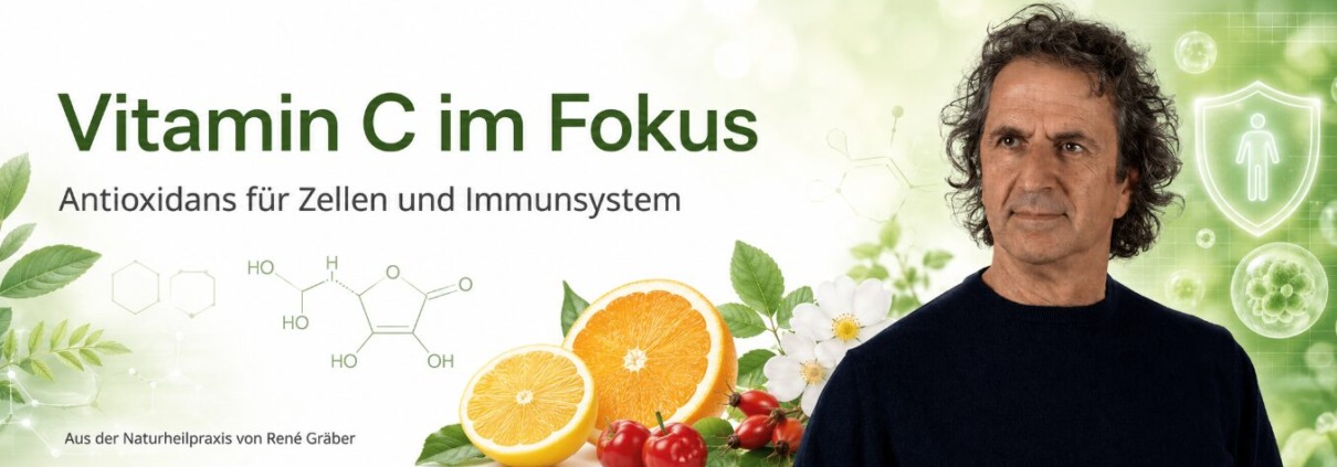Vitamin C - Vorkommen, Wirkung und Bedarf 1 Vitamin-C-Header mit René Gräber, Zitrusfrüchten, Molekülstruktur und Immunsymbol für Zellschutz