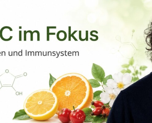 Vitamin C - Vorkommen, Wirkung und Bedarf 2 Vitamin-C-Header mit René Gräber, Zitrusfrüchten, Molekülstruktur und Immunsymbol für Zellschutz
