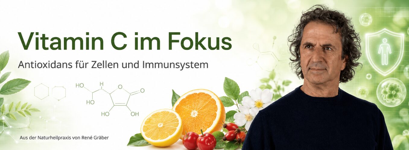 Vitamin C - Vorkommen, Wirkung und Bedarf 8 Vitamin-C-Header mit René Gräber, Zitrusfrüchten, Molekülstruktur und Immunsymbol für Zellschutz