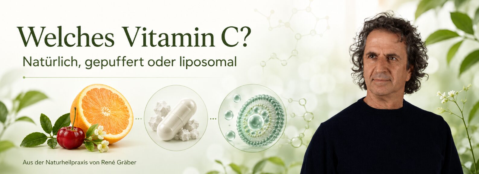 Welches Vitamin C ist das Beste? Natürlich, gepuffert oder liposomal im Vergleich 4 Header zu Vitamin-C-Formen mit René Gräber, Zitrus, gepufferten Kapseln und liposomalen Sphären