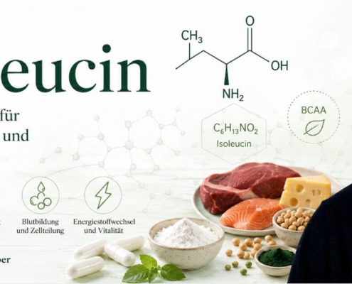 L-Isoleucin: wichtig für Muskeln und Stoffwechsel, aber als Einzelpräparat meist überschätzt 10 René Gräber mit L-Isoleucin, BCAA-Symbol und Aminosäure-Grafik für Muskeln, Immunsystem und Energie