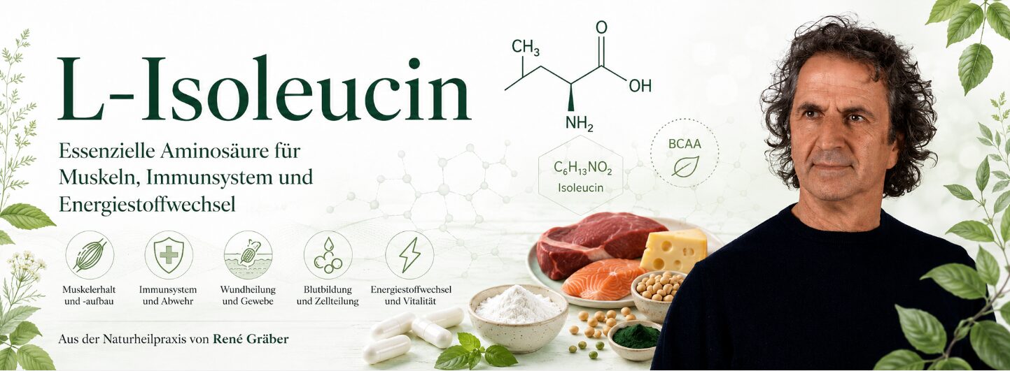 L-Isoleucin: wichtig für Muskeln und Stoffwechsel, aber als Einzelpräparat meist überschätzt 10 René Gräber mit L-Isoleucin, BCAA-Symbol und Aminosäure-Grafik für Muskeln, Immunsystem und Energie