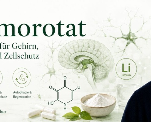 Natürliches Lithium: Was Lithiumorotat so besonders macht 6 René Gräber mit Lithiumorotat, Gehirn- und Nervenzellgrafik zu mentaler Resilienz und Zellschutz
