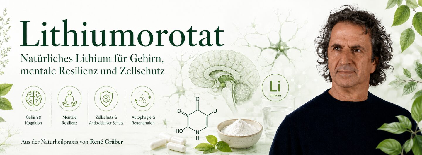 Natürliches Lithium: Was Lithiumorotat so besonders macht 1 René Gräber mit Lithiumorotat, Gehirn- und Nervenzellgrafik zu mentaler Resilienz und Zellschutz