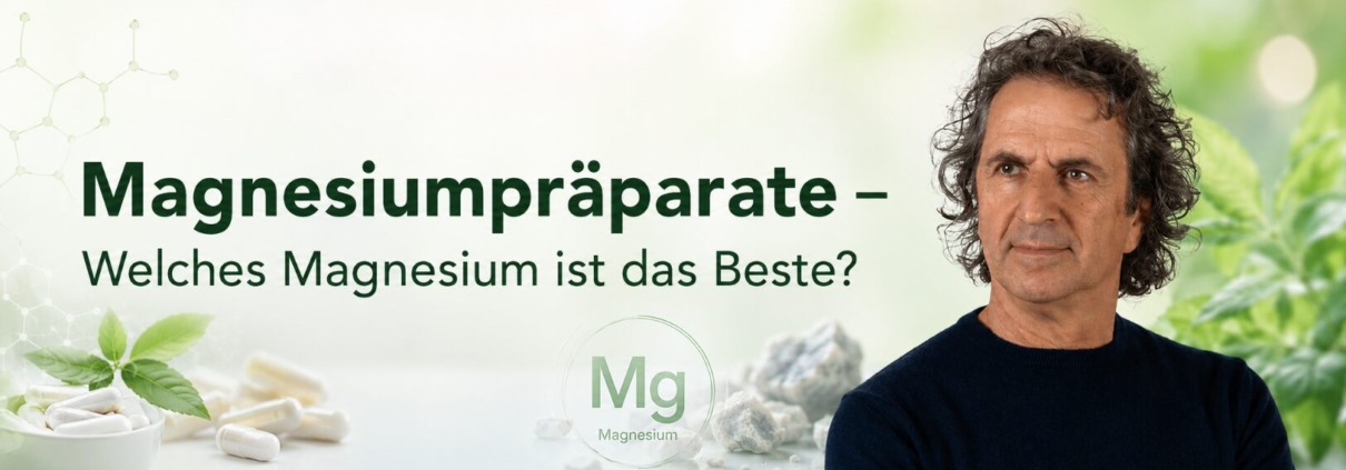 Magnesiumpräparate – Welches Magnesium ist das Beste? 1 René Gräber mit Titel zu Magnesiumpräparaten und Magnesium-Kapseln vor grünem Gesundheitsmotiv