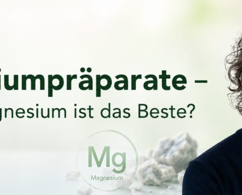Magnesiumpräparate – Welches Magnesium ist das Beste? 3 René Gräber mit Titel zu Magnesiumpräparaten und Magnesium-Kapseln vor grünem Gesundheitsmotiv