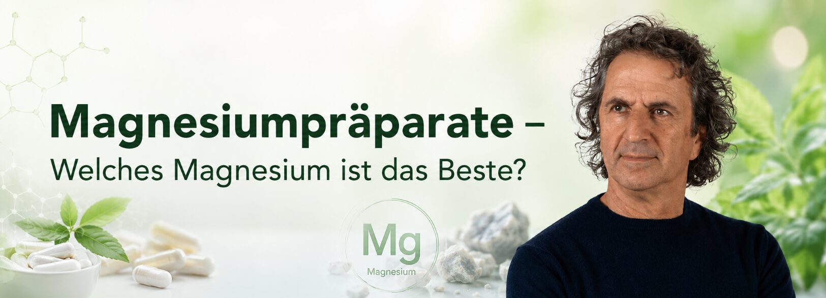 Magnesiumpräparate – Welches Magnesium ist das Beste? 10 René Gräber mit Titel zu Magnesiumpräparaten und Magnesium-Kapseln vor grünem Gesundheitsmotiv