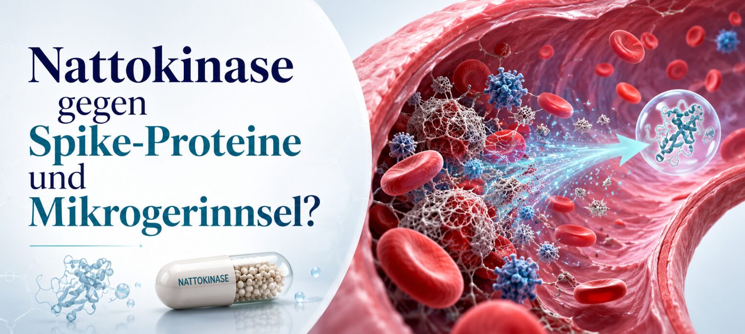 Nattokinase gegen Spike-Proteine und Mikrogerinnsel? 1 Nattokinase gegen Spike-Proteine und Mikrogerinnsel – Illustration eines Blutgefäßes mit Fibrinnetzen, roten Blutkörperchen und Enzymwirkung.