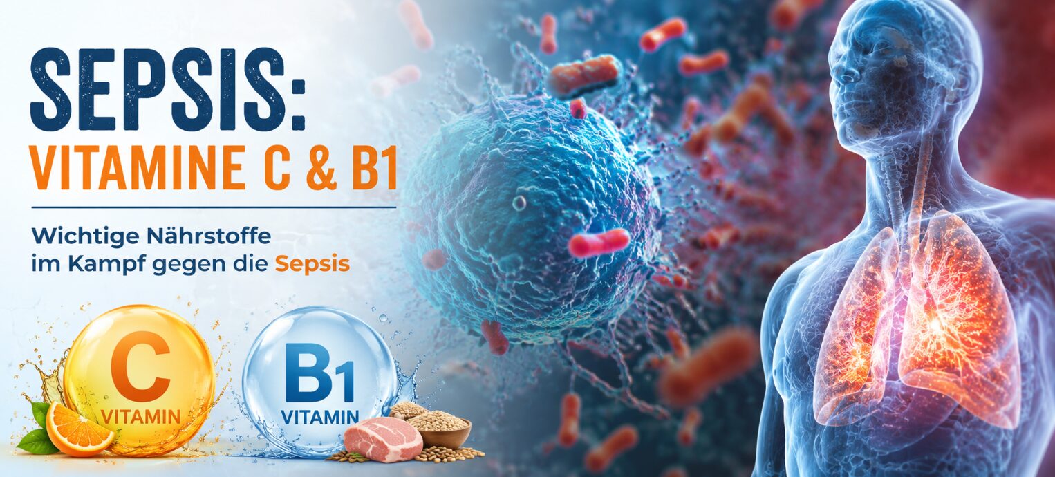 Sepsis: Vitamine C, B1 und Hydrocortison wirken 4 Sepsis: Vitamin C und Vitamin B1 als begleitende Nährstoffe – medizinische Illustration mit Immunzellen und entzündeter Lunge.