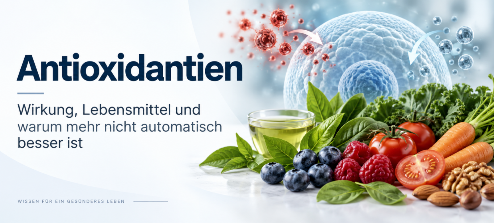 Antioxidantien: Wirkung, Lebensmittel und welche wirklich wichtig sind 1 Antioxidantien – Wirkung, Lebensmittel und Redox-Gleichgewicht mit Beeren, Gemüse und Zellschutz-Darstellung
