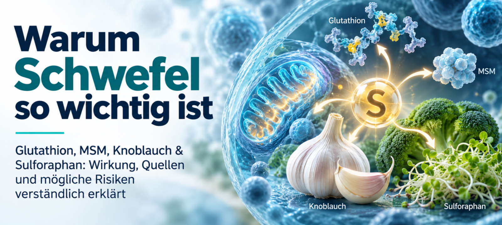 Schwefel: Wirkung im Körper, MSM, Glutathion & Sulforaphan 1 Schwefel mit Glutathion, MSM, Knoblauch und Sulforaphan – Wirkung im Körper verständlich erklärt