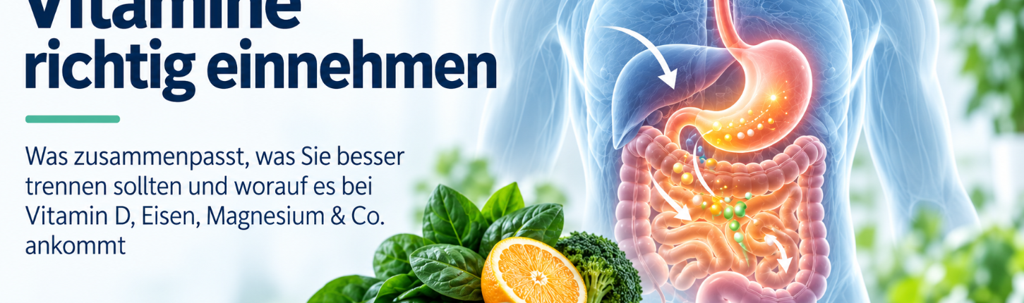 Vitamine richtig einnehmen – optimale Kombinationen, Abstände und Aufnahme von Vitamin D, Eisen, Magnesium und weiteren Vitalstoffen