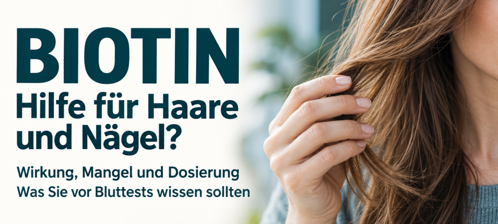 Biotin: Wirkung, Mangel, Dosierung und Nebenwirkungen 4 Frau hält eine Haarsträhne mit sichtbaren natürlichen Fingernägeln; Biotin-Beitragsgrafik zu Wirkung, Mangel, Dosierung und Hinweisen vor Bluttests.