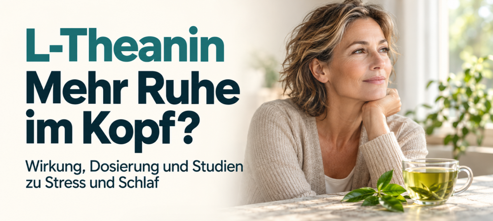 L-Theanin: Wirkung, Dosierung & Nebenwirkungen 1 Entspannte Frau neben einer Tasse grünem Tee – L-Theanin, seine Wirkung und Dosierung bei Stress und Schlafproblemen.